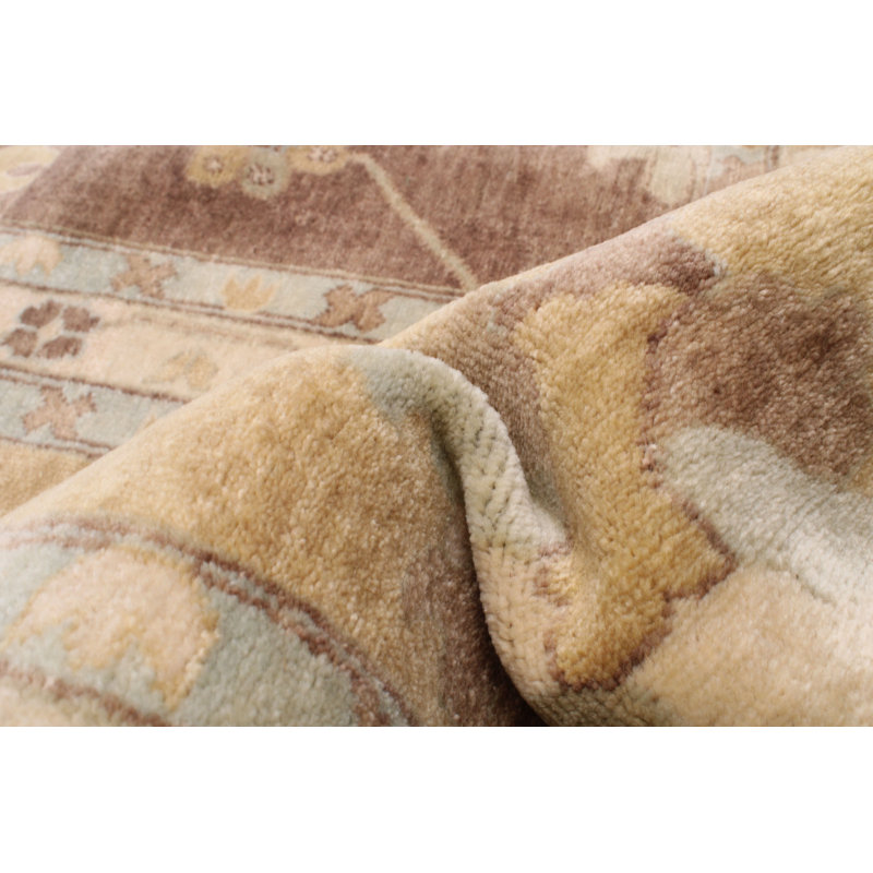Tapis brun en laine noué à la main de conception unique 12 pi 2 po x 17 pi 7 po New Age