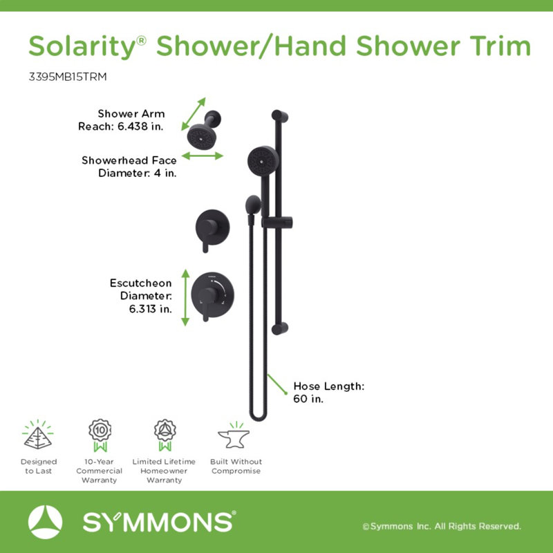 Solarity Hydromersion Double Handle Shower Trim Kit With Hand Spray, Matte Black