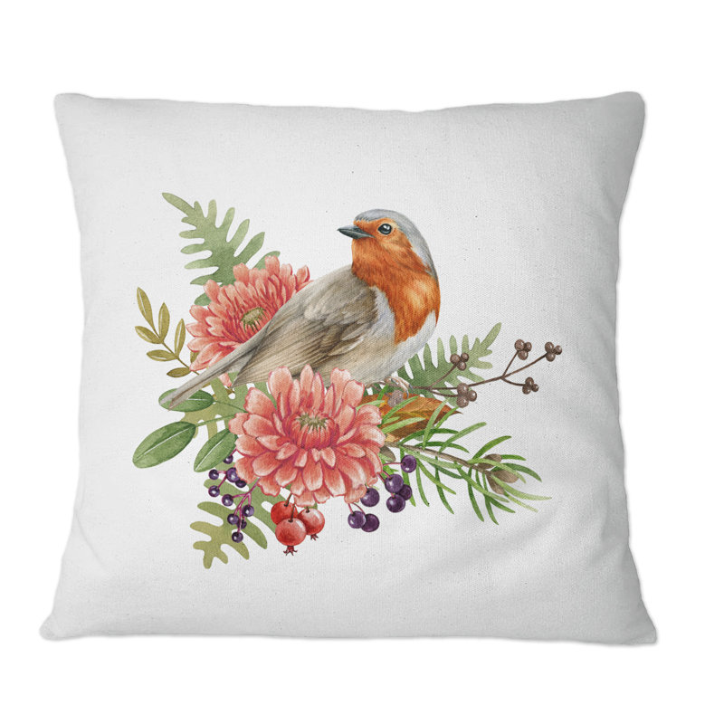 Coussin Robin avec fleurs - imprimé traditionnel, 16 po x 16 po