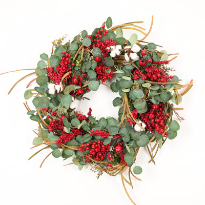 24" Artificial Farmhouse Blossom Cluster Greenery Eucalyptus Red Berries Cotton Fall Winter Front Door Wreath