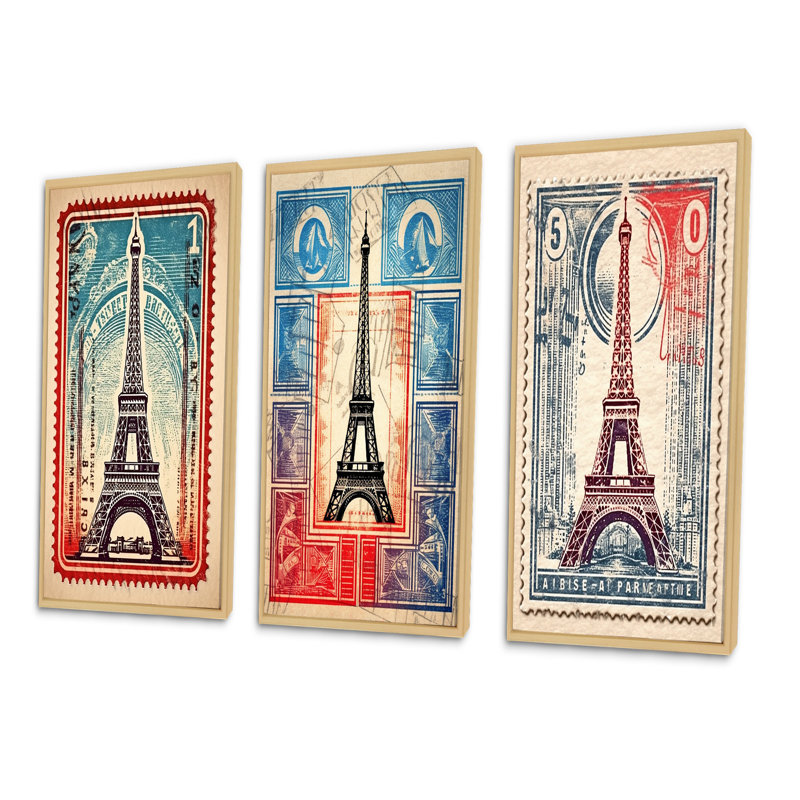 «Retro Stamp Illustration Paris Eiffel Tower», 3 pièces sur toile, Cadre naturel flottant, H 20 po x l 36 po