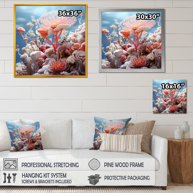 Explorations de récifs coralliens roses - art de corail, H 36 po x l 36 po x P 1,5 po, Cadre flottant blanc