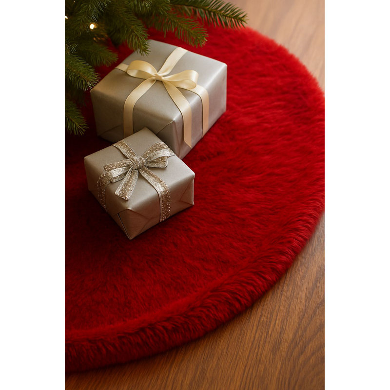 Tapis d'arbre de Noël de luxe, 39,4 x 39,4 pouces, rouge festif, 100% polyester | Comprend 6 rubans décoratifs | Lavable à la machine à 68 ° F | Parfait pour les décorations des Fêtes et les réunions de famille, conception douce et durable