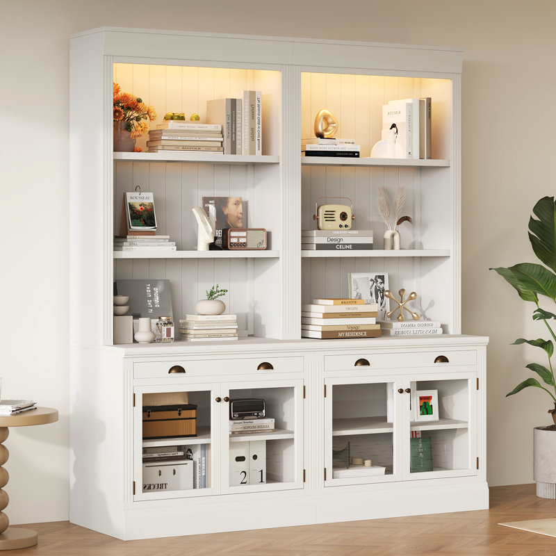 83.4"Tall Bookshelf Suite With LED Lighting,  Bookcases With Glass Doors And Drawers,2-Piece Set Storage Bookcase Suite With Open Shelves