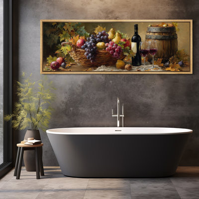Rustic Harvest Fruit Basket with Grapes Pears Wine Bottle and Barrel Still Life – Large Framed Canvas Master Bedroom Wall Art Print