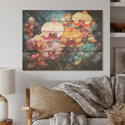 Pink And Orange Wild Expression Orchids - Orchids Wood Art On Natural Pine Wood