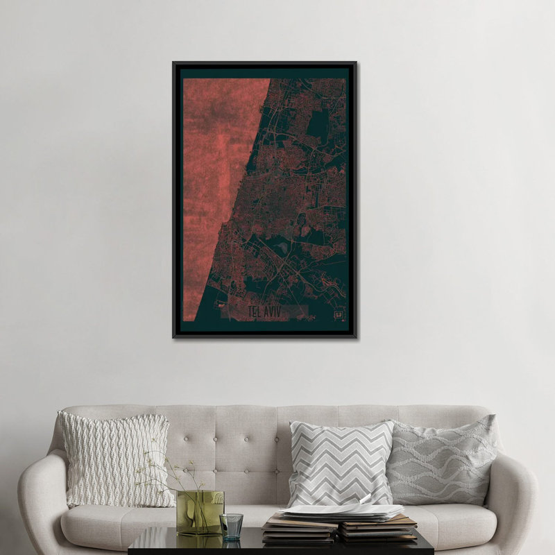 Carte urbaine Tel Tel, H 26 po x l 18 po x P 1,5 po, Toile avec cadre noir, Pas de tapis