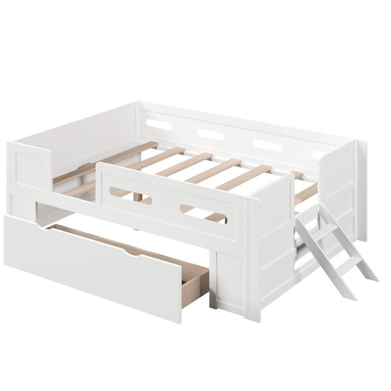 Lit plateforme en bois avec garde-corps et tiroir, Double , Blanc