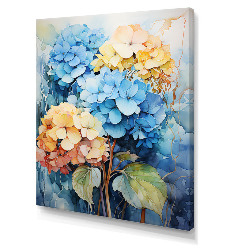 Hydrangea Blooms en bleu et jaune, reproduction sur toile, Toile tendue, H 44 po x l 34 po x P 1,5 po