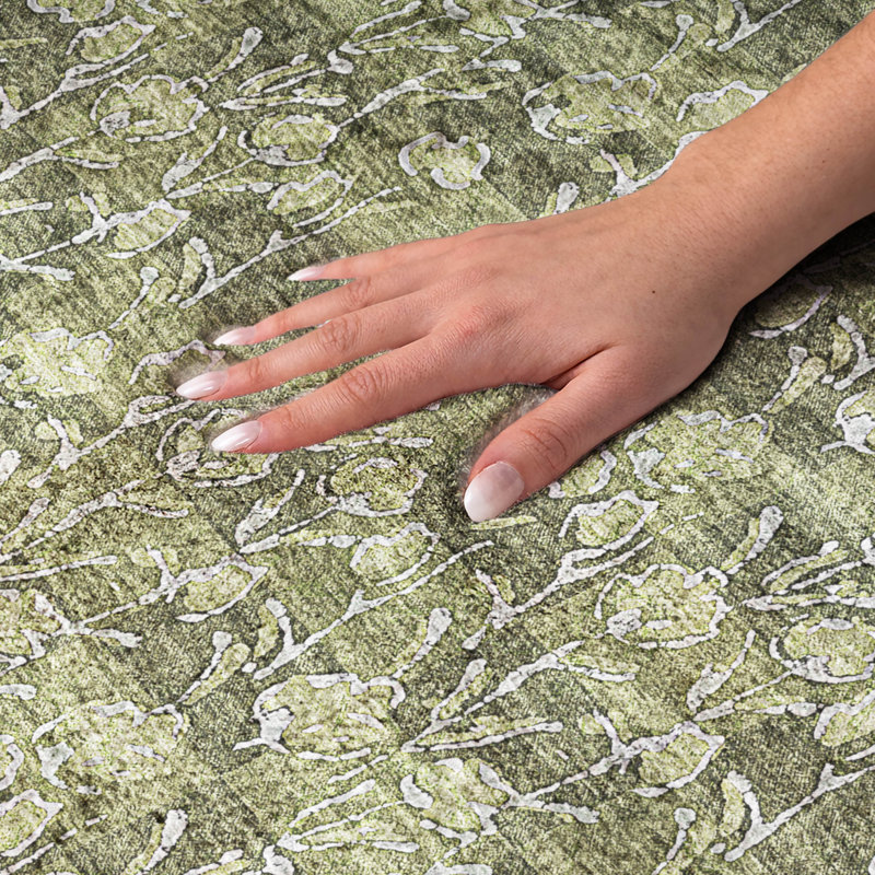 Tapis floral à poil long de qualité supérieure lavable à la machine ADS692, Olive, 9 pi x 12 pi