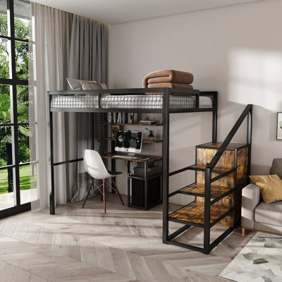 Lit mezzanine double avec bureau et garde-robe - Structure en métal lourd, escalier intégré, support de rangement et tablettes - Lit de jeu pour adultes / adolescents (noir) - Bureau d'ordinateur avec prise USB et prise de courant (noir)
