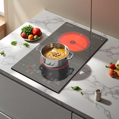 Plaque de cuisson électrique portative Karinear, plaque de cuisson électrique en vitrocéramique de 12 po, plaque de cuisson électrique à 2 brûleurs avec prise de courant de 110 V, utilisation sur le comptoir ou installation intégrée, surface de cuisson en céramique de 2000 W avec un beau motif