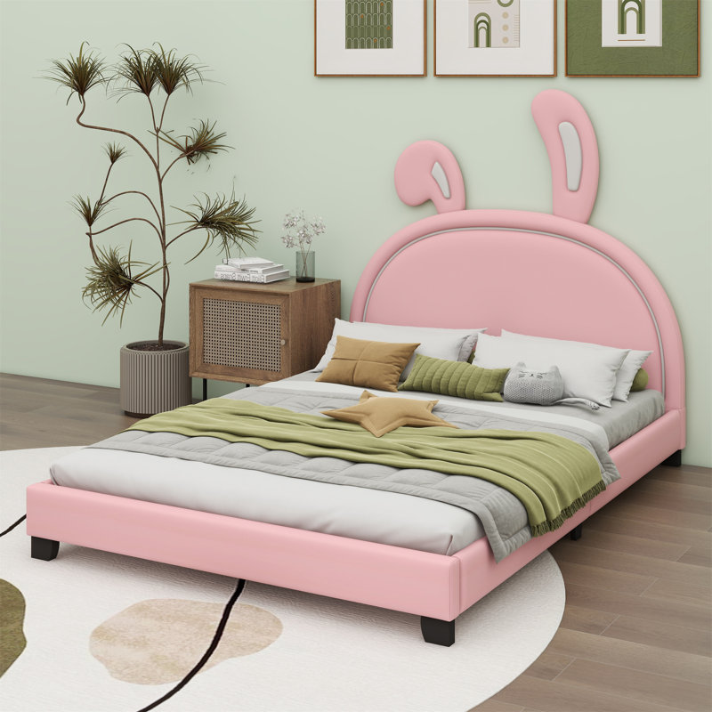 Lit plateforme tapissier en similicuir, Rose, Double