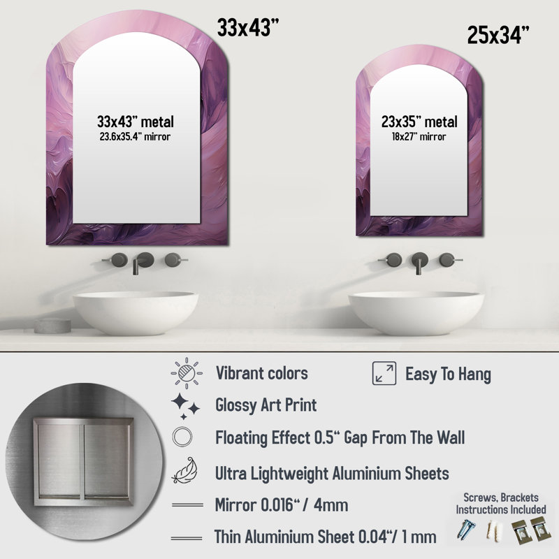 Tuba Terrain Mountainous Mauve VI - grand miroir asymétrique à encre liquide, miroir mural décoratif arche moderne, impression d'art en métal