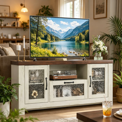 55" Farmhouse TV Stand Supports 43/50/55/60 inches TVs, Entertainment Center with Organized & Clutter-Free Storage Acrylic Door & Adjustable Shelves, Sideboard Buffet Storage Cabinet for Living Room.
