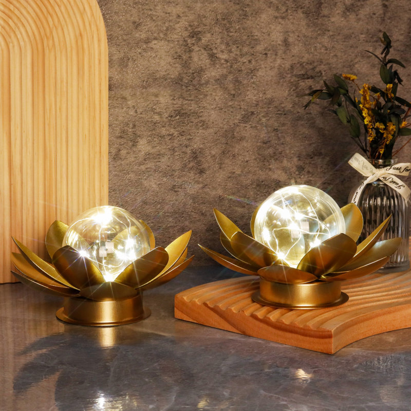 House of Hampton® Set of 2 Gold Lotus Table Lamp Battery Powered 6''Tall