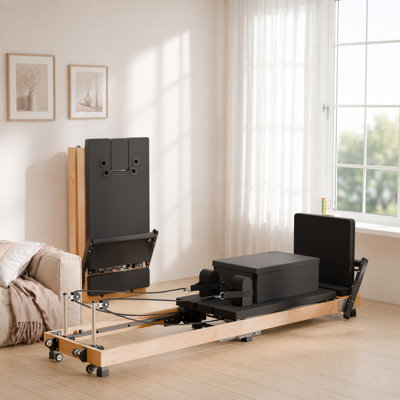 91" Wooden Pilates Reformer with Springs, Foldable Frame, Jump Board & Sitting Box, 500 lbs Max Load