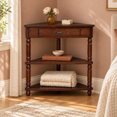 Console de rangement de coin en bois 33 pouces avec rangement à 3 niveaux, pieds en bois massif, espresso