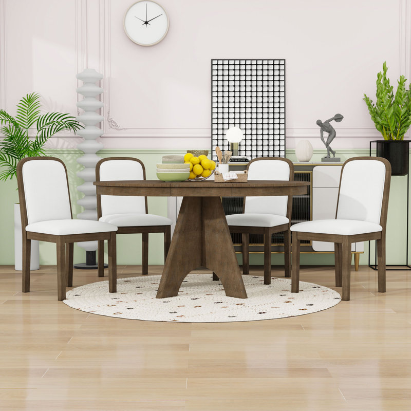 Ensemble de table de salle à manger extensible 5 pièces avec table rustique et 4 chaises rembourrées en lin, Espresso