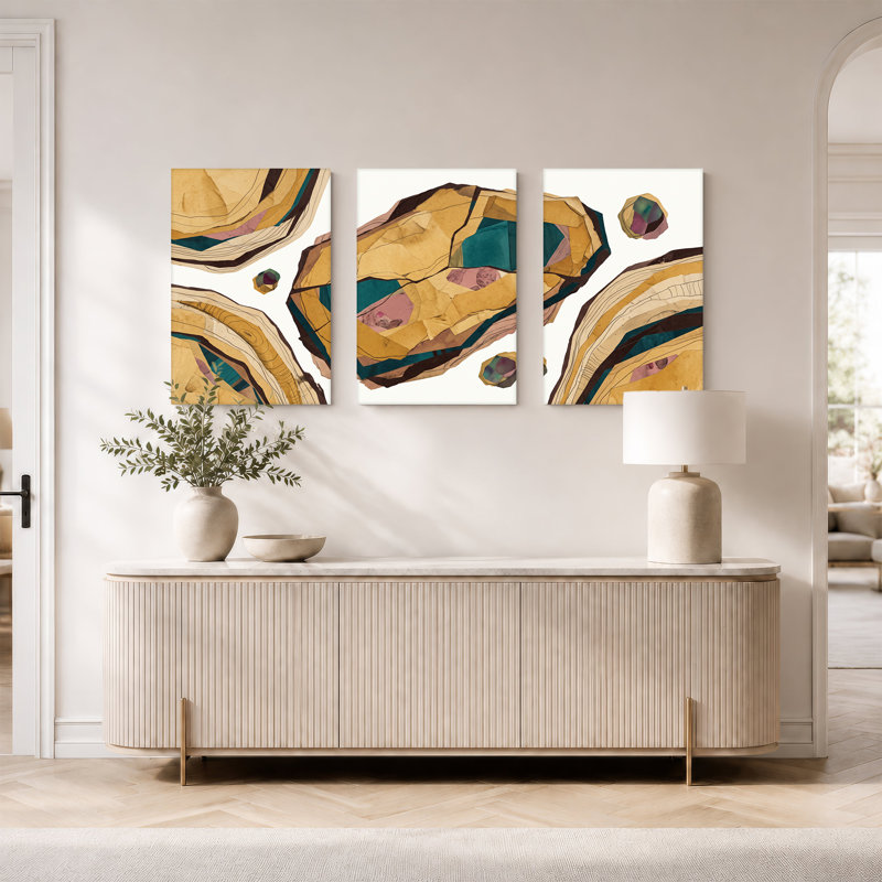 «Abstract Geode Rock Shapes in Teal and Pink Collage», ensemble de 3 toiles murales, H 24 po x l 16 po x 3 pièces