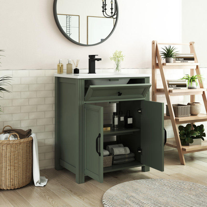 Meuble-lavabo autoportant de style milieu du siècle de 71 cm (28 po) avec lavabo en céramique et rangement, Vert