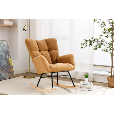 Chaise berçante kaki avec coussin rembourré de mousse - structure en bois d'eucalyptus, tissu doux, capacité de 250 lb, utilisation à l'intérieur, chambre à coucher / salon rembourré avec dossier rembourré, bois, salon / chambre à coucher
