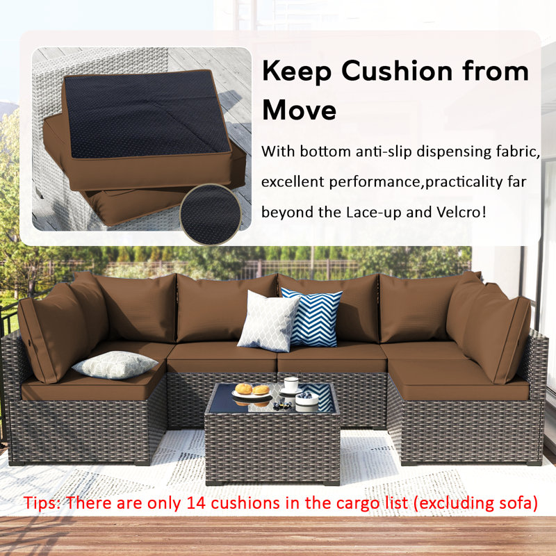 14-Piece Outdoor Sectional Cushions, Waterproof Seat/Back Cushion For Patio Furniture, 4" Thick Replacement Set, Brown