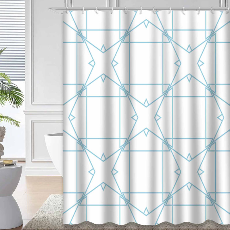 Rideau de douche blanc à motif géométrique bleu marine avec 12 crochets, L 72 po x l 78 po