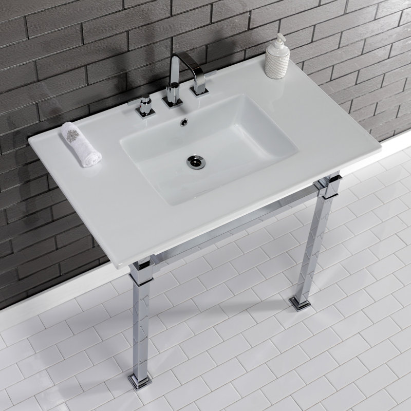 Kingston Brass Monarch 37-Inch Ceramic Console Sink with Stainless Steel Legs (8-Inch, 3-Hole), White/Polished Chrome