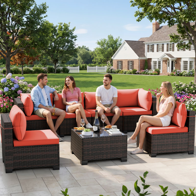 7-Piece Patio Conversation Sets, Outdoor Rattan Wicker Sectional Sofa with Tea Table & Cushions, Orange