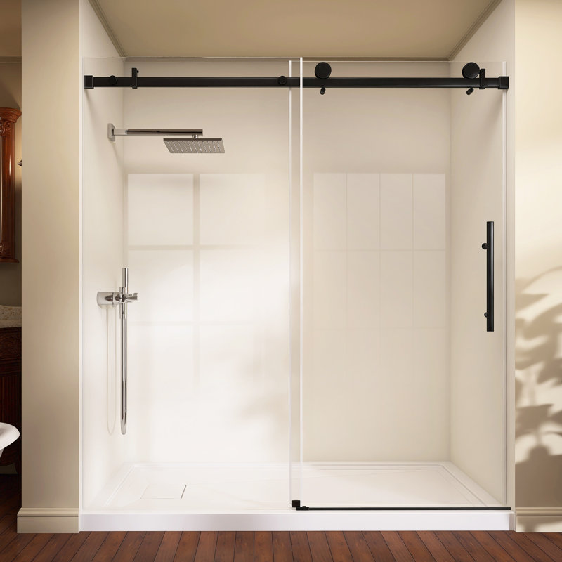 68" - 72" W X 76'' H Frameless Single Sliding Shower Door Bypass Matte Black Glass Door Alcove Bathroom Shower Door with Clear Tempered Glass
