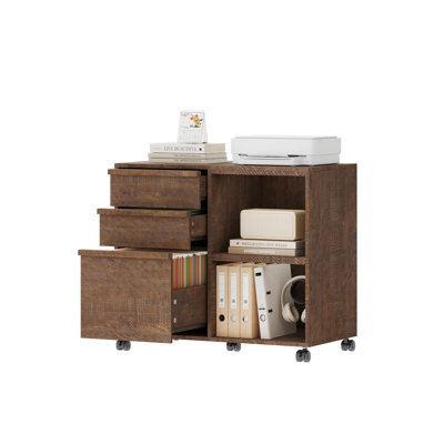 3-Drawer Rolling File Cabinet with Open Shelves - Mobile Lateral Filing Cabinet & Printer Stand for Letter/A4, Wood Office Storage with Wheels, Brown