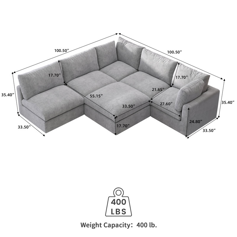 Kessi 6-Piece Upholstered Modern Chenille Fabric Modular Sectional Sofa With Ottoman, Light Gray Chenille
