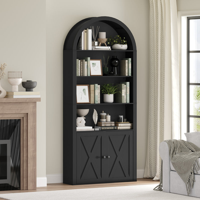6-tier 74.41" Tall Bookshelf Farmhouse Arched Bookcase with Cabinet, Black