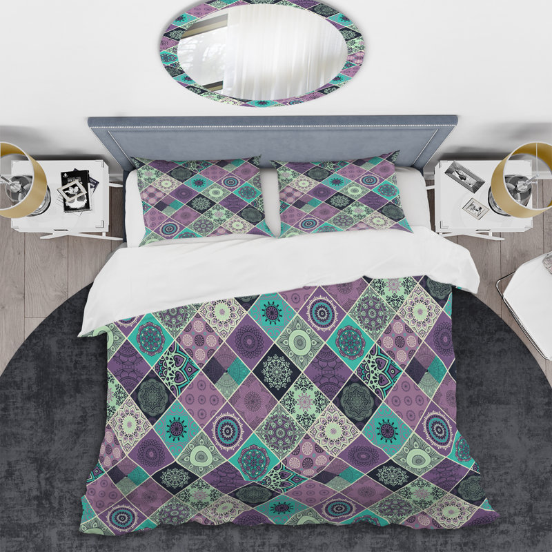 Patchwork vert et mauve - ensemble de housse de couette abstrait - microfibre de polyester
