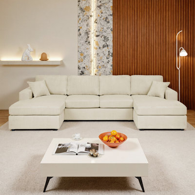 Cream Corduroy Double-Chaise Sectional Sofa, 3-Piece Set for 4