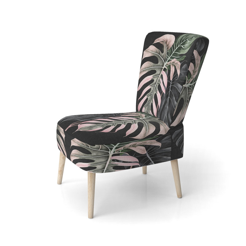 Pink And White Philodendron Leaf II - Upholstered Farmhouse Side Chair, Rustic Floral Accent Chair, Pink/Green/Black