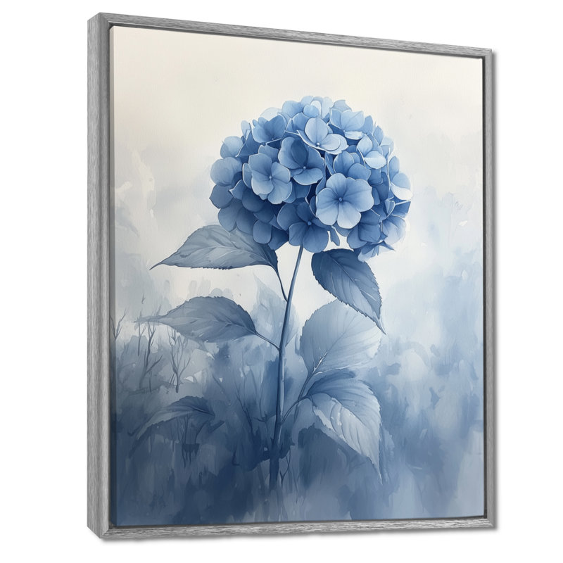 «Blue Hydrangeas In The Mist Dream II», art mural hydrangées, Argent argent, Impression encadrée flottante, H 20 po x l 12 po