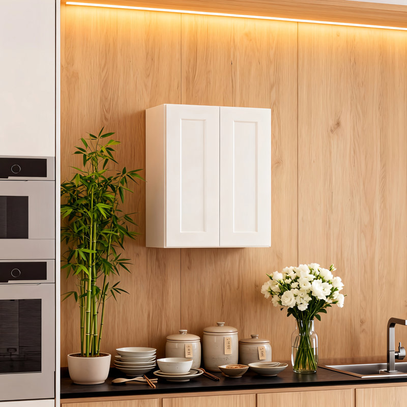 Armoire murale blanche de 24 po avec mécanisme de fermeture en douceur et tablettes réglables amovibles, idéale pour la cuisine. Assemblage de chambre à coucher.