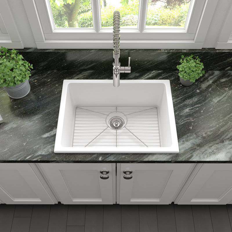 Fireclay Rome 24" L x 18" W Dual Mount Kitchen Sink with Sink Grid, White Matte