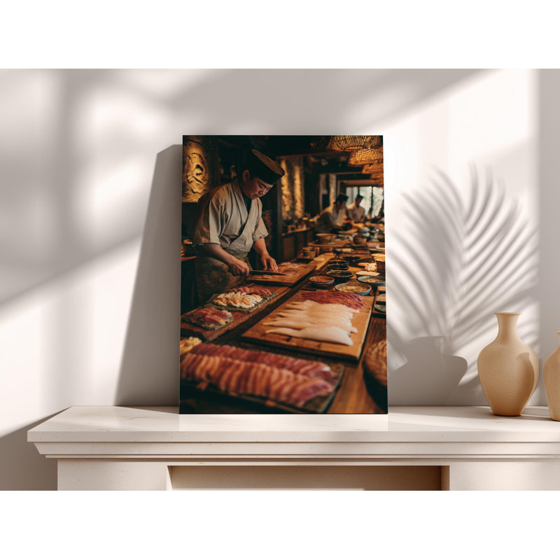 Art japonais sur toile de chef japonais, décoration murale culinaire pour la cuisine, impression d'art de restaurant, photographie de préparation de sashimis, gourmet authentique