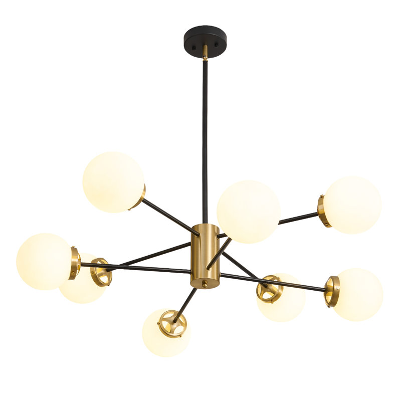 Asumi 8 - Light Modern Sputnik Linear Chandelier With Milky White Glass Shade, Matte Black/Gold