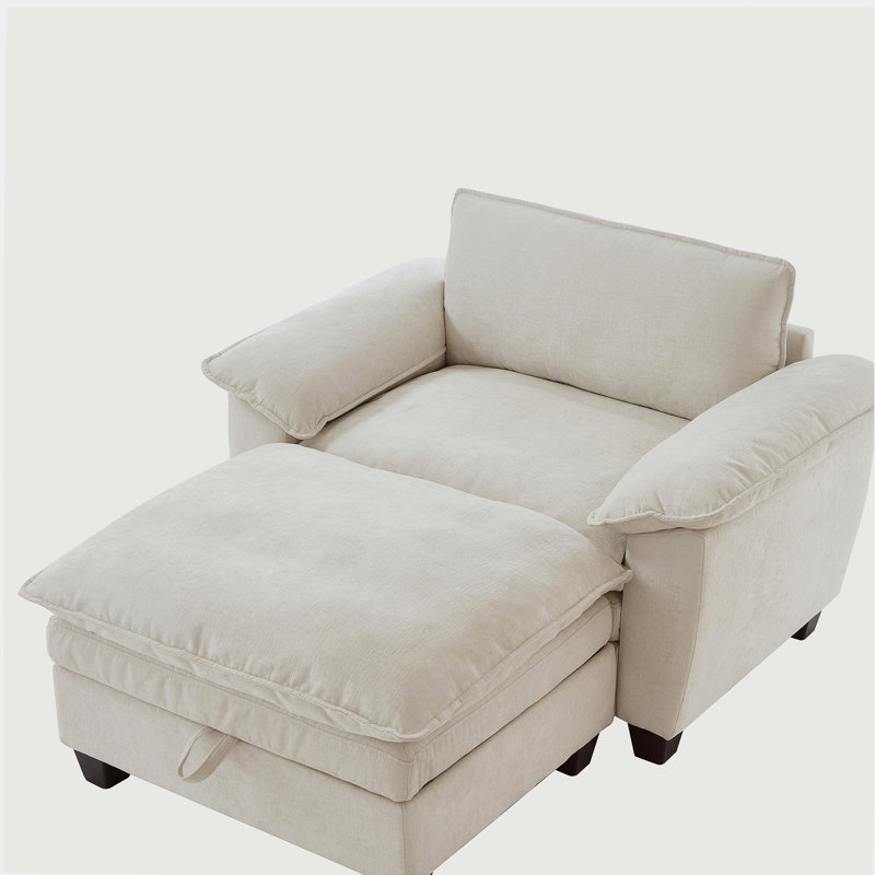 Méridienne surdimensionnée 51 "avec repose-pieds et rangement rembourré en chenille douce beige 51"