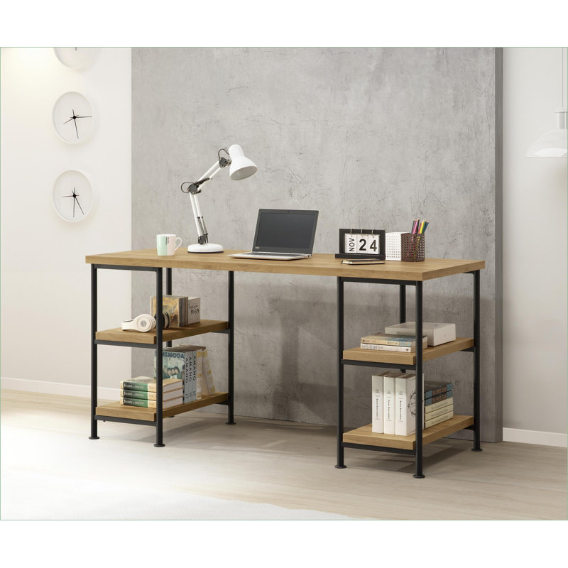 Bureaux, bureau industriel en chêne et bois aggloméré doré avec 4 tablettes de rangement | Conception ouverte | Gain de place