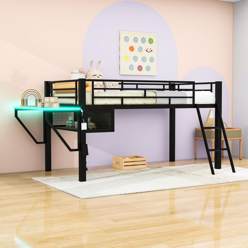 Lit mezzanine en métal avec bureau intégré, éclairage DEL et train de roulement en filet, Simple