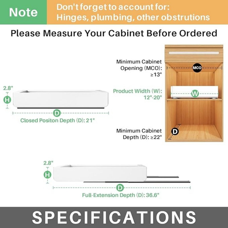 Pull Out Cabinet Organizer, Expandable(12"-20") Heavy Duty Slide Out Drawers Fixed With Adhesive Nano Film For Pots, Roll Out Shelf Storage For Kitchen Base Cabinet Organization(White),Pack Of 1