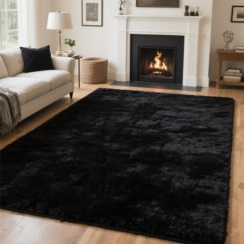 Soft Black Shag Area Rug, Rectangle 6' x 9', Black