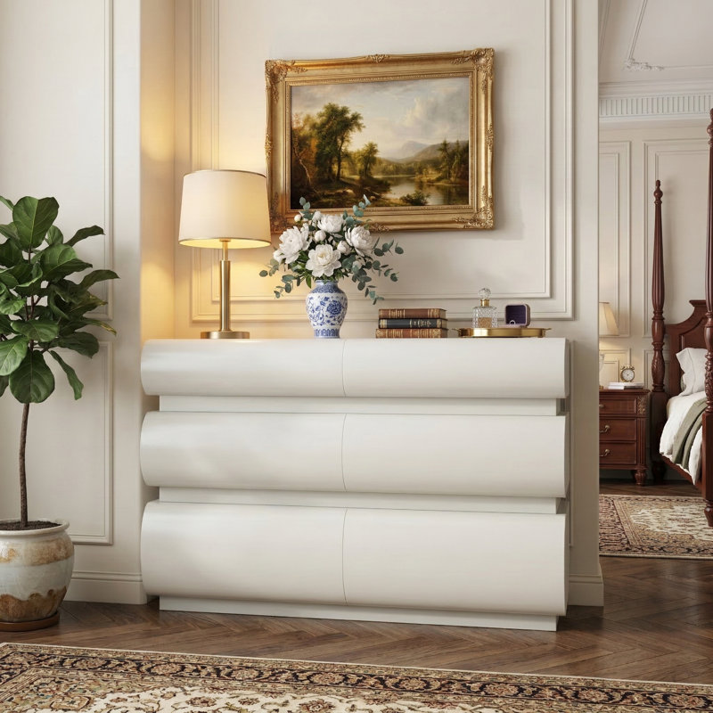Commode moderne à 6 tiroirs avec poignée sans poignée, large commode de rangement noire pour la chambre à coucher, le salon ou le vestibule