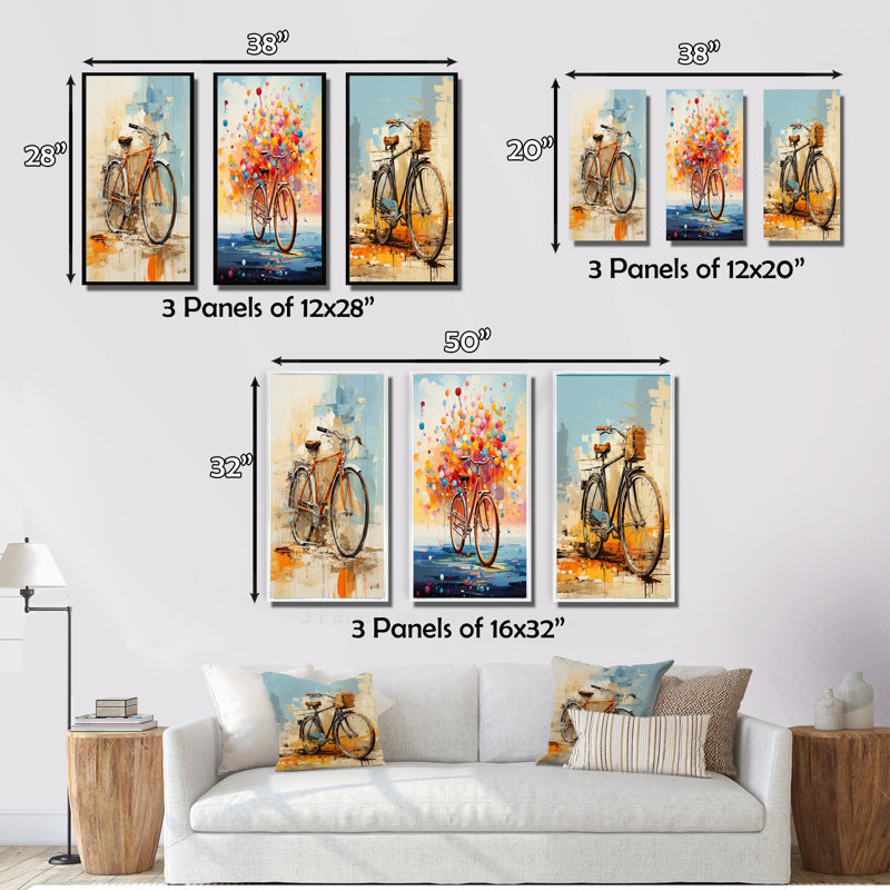 "Vélo expressif voyages" - 3 pièces sur toile, Encadrement doré, H 40 po x l 60 po