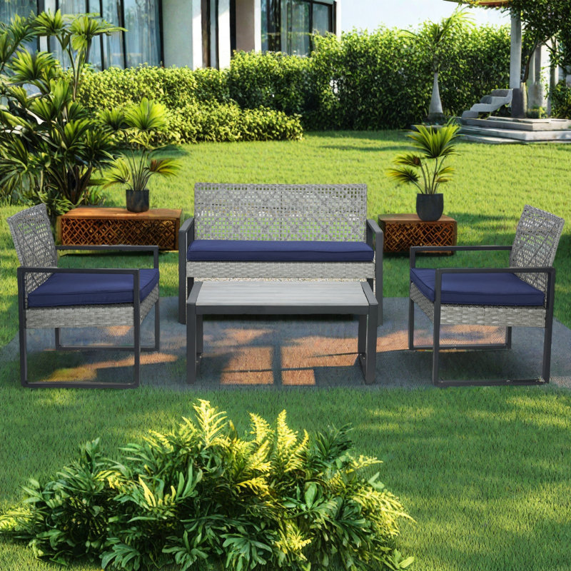 Ensemble de meubles de patio 4 pièces avec balcon et véranda, Bleu, Gris clair